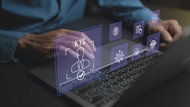 KYC concept. Business person using laptop with Know Your Customer icons, identity verification, customer onboarding, digital compliance and secure financial service technology.
