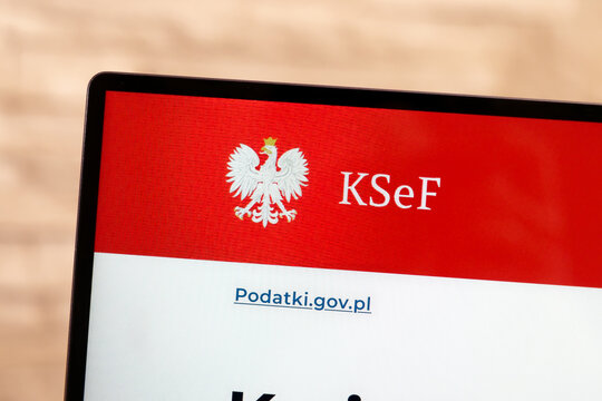 KSeF or Krajowy System e Faktur is a new Polish Mandatory B2B electronic invoicing system. Webpage on laptop screen, white polish eagle symbol, Wrocław, Poland - February 3, 2026