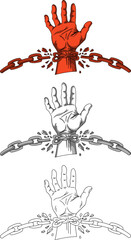 Fototapeta premium Hand breaking free from metal chains illustration set. Concept of liberation from fear, anxiety, and social pressure.Perfect for motivational posters, mental health awareness, and social justice theme