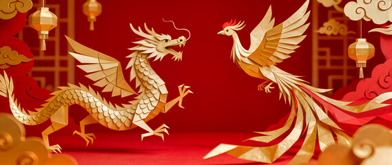 Obraz premium Golden paper cut dragon and phoenix on red background with copy space, elegant 3D paper craft style for Lunar New Year 2026 and Year of the Horse celebration.