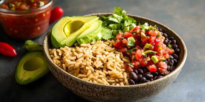 Brown rice black bean bowl with avocado and salsa food