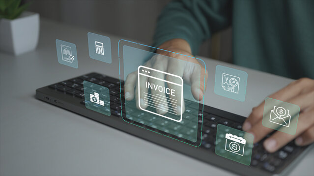Online invoice concept. Business person working on computer with digital invoice and billing icons, payment status, accounting system, financial records and cash flow management.