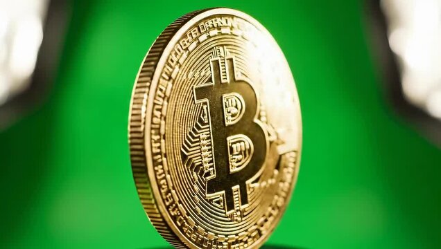 Close-up of bitcoin coin on green screen. Cryptocurrency symbol shines brightly in studio lighting. Focus on bitcoin highlights its value in digital economy.