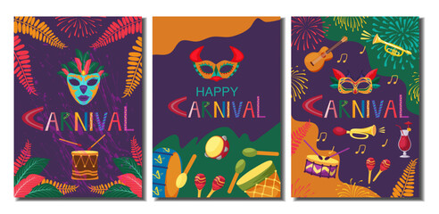 Obraz premium Set of vibrant carnival banners with masks, musical instruments and fireworks. Colorful vector illustrations for carnival festival, party promotion, event posters and celebration design.