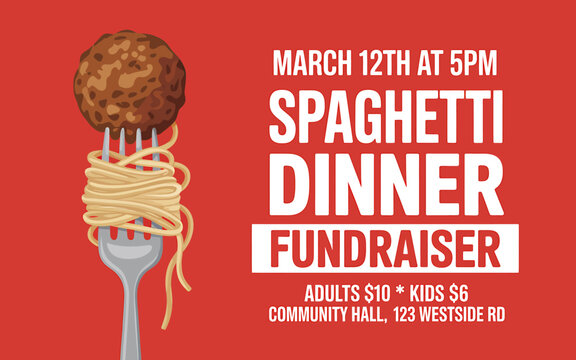 Spaghetti dinner fundraiser event flyer with meatball and fork on red background