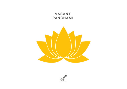 Minimalist yellow lotus flower logo for Vasant Panchami festival with elegant typography