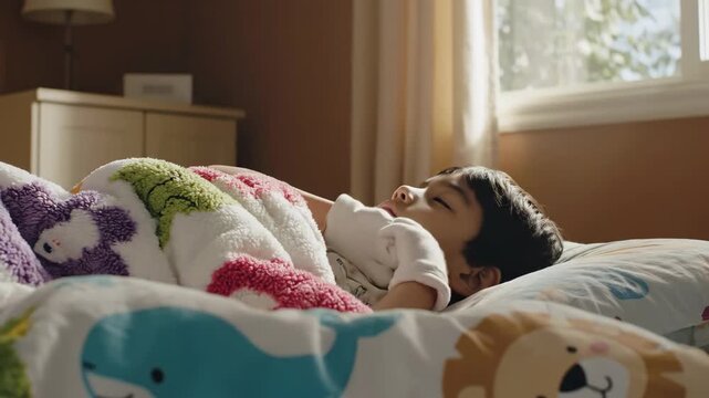 Peaceful young child sleeping comfortably in bed with a colorful patterned blanket and soft light