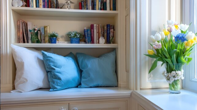 Cozy Window Seat with Flowers and Books in Bright Home Interior.