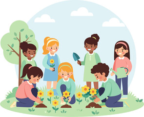 Group of children planting yellow flowers in garden for Vasant Panchami celebration