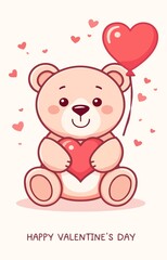  illustration of a happy Valentine's Day themed teddy bear card featuring a cute teddy bear with a flat design style, pastel colors, and bold lines