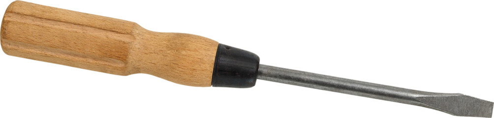 Big flat screwdriver with wooden handle isolated on white background