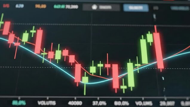 Stock market analysis with colorful candlestick chart. Traders analyze price movements and trends in real time. Financial data displays strong market volatility.