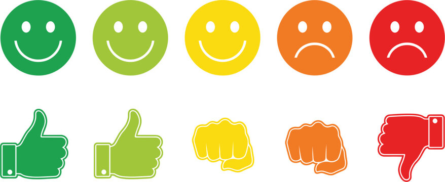 Customer satisfaction feedback rating scale with colorful emoji smiley faces and hand gestures from happy thumbs up to sad thumbs down vector.