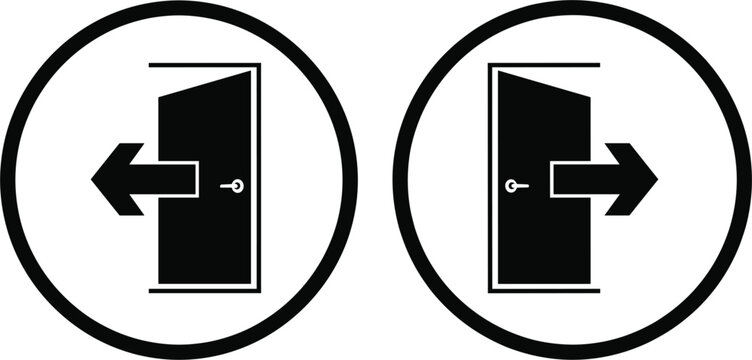 Emergency exit and entrance door sign icons with directional arrows in circular frames for public building safety and fire escape route guidance.