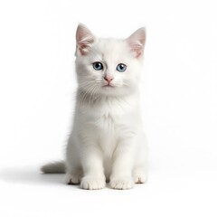 Obraz premium Adorable fluffy white kitten with bright blue eyes sitting peacefully on a clean white background looking at the camera for a minimalist pet portrait concept
