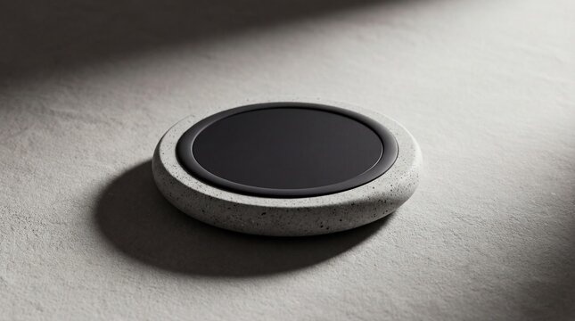 A modern wireless charging pad made of concrete and black glass sits on a gray surface with a shadow cast to the left
