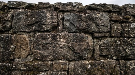 Fototapeta premium A close-up view of an ancient stone wall with rough-hewn blocks and a weathered texture under a cloudy sky