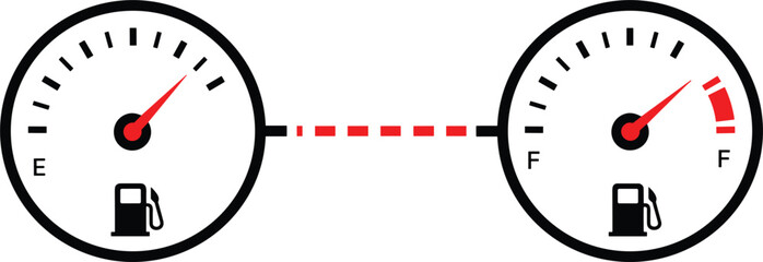 Fuel transfer and level comparison illustration with gas gauges showing empty to full connection vector design © PJ DeSign