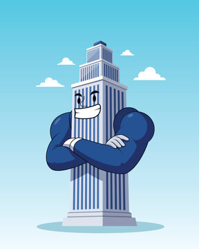 Strong Skyscraper Mascot Cartoon Illustration With Muscular Arms