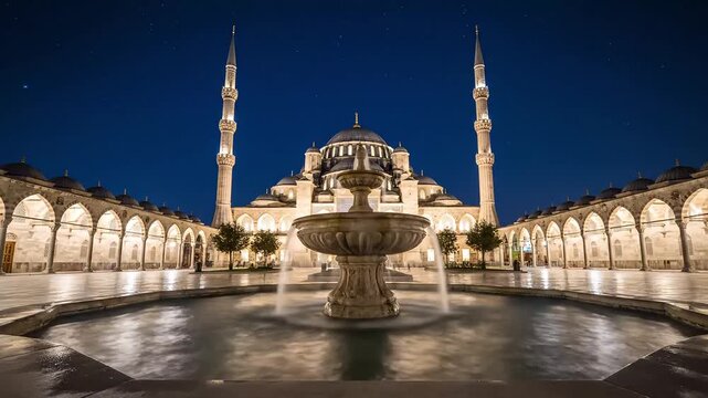 A stunning, wide-angle, long-exposure view captures the illuminated Ottoman mosque complex rising majestically behind a flowing stone fountain under a deep blue starry night sky.