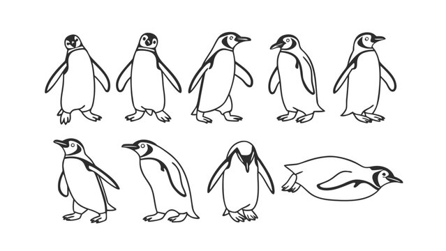 Penguin Line Art Vector Icon Set Minimal Outline Penguin Poses.