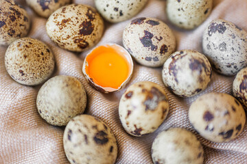 Obraz premium Quail eggs and one broken yolk on a light cloth in a kitchen setting during the day