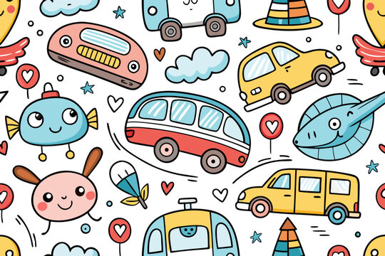 A collection of cute anthropomorphic yellow cars, a red bus, a flying fish, and other fanciful vehicles are playfully scattered across a seamless pattern with hearts and clouds on a white backdrop.