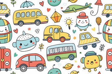 Naklejka premium Charming seamless pattern illustration depicting an array of cute cartoon vehicles such as buses, cars, and airplanes, alongside whimsical anthropomorphic characters and playful design elements for a.