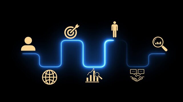 Business professional interact concept on the black background. Digital interface featuring customer targeting icons, data analytics symbols. Motion graphics of professional business idea. 4k video.