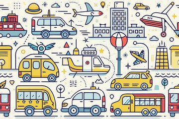 Naklejka premium Various modes of public and private transportation including cars, buses, airplanes, and helicopters are illustrated across a cityscape background.
