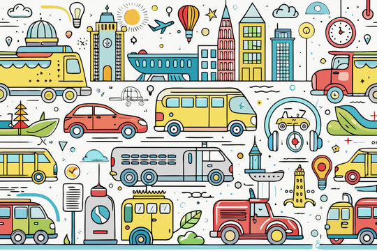 Detailed illustration showcases many types of automobiles, including passenger vans, trucks, and small cars mixed with architectural landmarks in a busy urban scene.