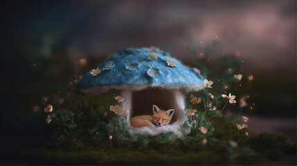 Fototapeta premium Fox sleeping under a mushroom in a magical forest at night