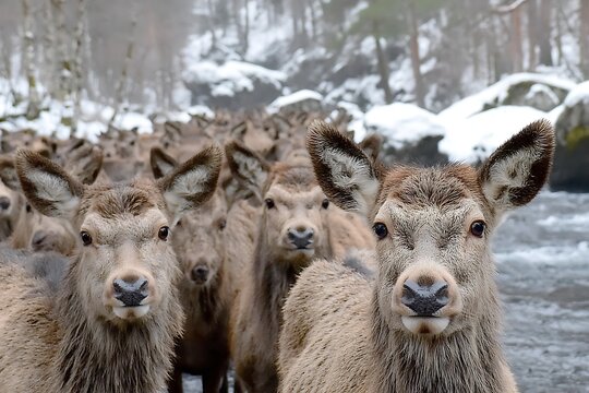 Herd of Deer Standing by River in Winter.