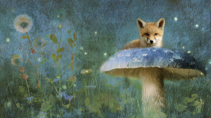 Fototapeta premium Fox hiding under mushroom in a whimsical forest scene