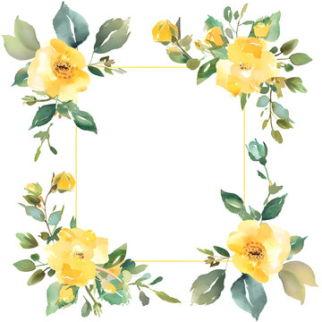 Minimalist yellow rose frame watercolor botanical art for wedding stationery designs delicate floral border with golden accents for invitation cards spring garden illustration for projects