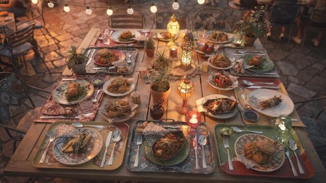 Focused shot from above on neatly arranged tables trays and eclectic themed decor at an outdoor patio food court during dusk with lively patrons blurred.