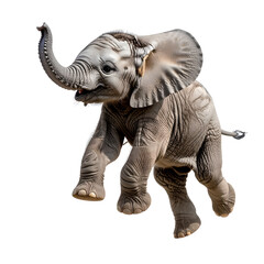 Playful Elephant Calf in Motion: A joyful baby elephant calf, brimming with energy, leaps into the air with trunk raised, showcasing its playful spirit and infectious happiness.
