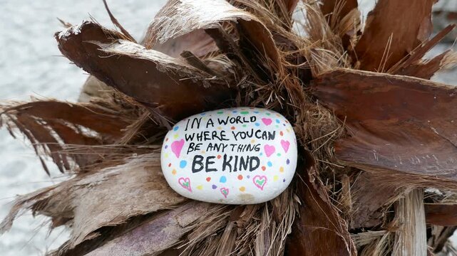 Be kind kindness rock on tropical palm tree trunk