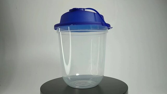 clear transparent plastic cup with standard size, blue colored lid, rotating, white background