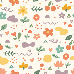 Doodle flowers, cherries, and leaves in a colorful surface design for fabric prints, gift wrap, and stationery packaging.