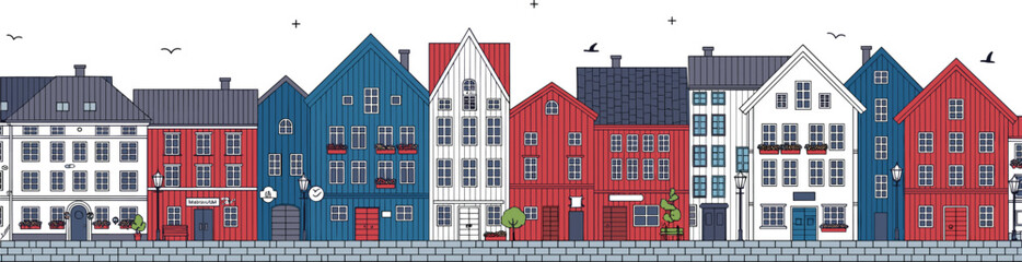 Naklejka premium Colorful European townhouse street with modern residential buildings in flat isometric urban cityscape illustration