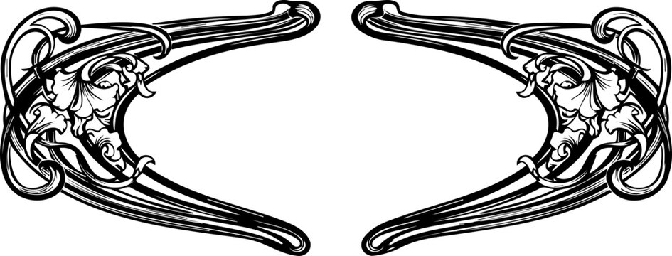 A minimalist vector graphic of a decorative frame with dragon heads and floral elements