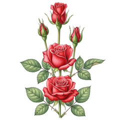 Beautiful red roses with green leaves on a white background in a pixelated style.