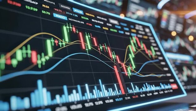 Stock market analysis with trading charts. Investors monitor data in financial center. Dynamic graphs display trends and prices. Market environment creates focused atmosphere.