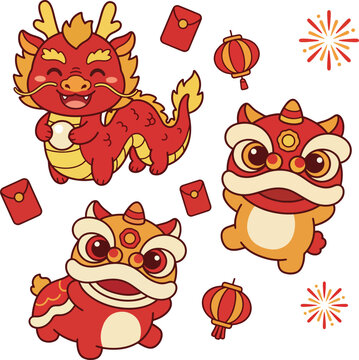 cute Chinese dragon and lion dance characters chibi style