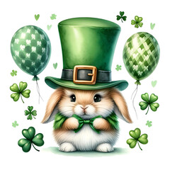 Cute Bunny in Leprechaun Hat with Shamrocks and Balloons