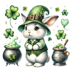Festive Bunny Dressed in Green with Potions and Gold Coins