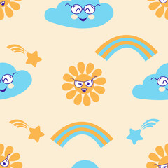 Fototapeta premium A seamless children's pattern in a flat style with a sun, cloud, and rainbow in soft pastel colors.