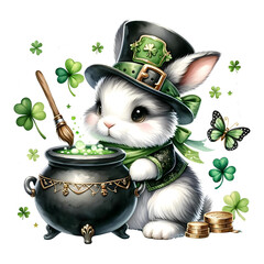 Magical Bunny Brewing a Potion in a Cauldron for St. Patrick&rsquo;s Day