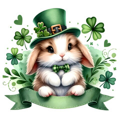 Adorable Bunny in Leprechaun Hat Surrounded by Shamrocks